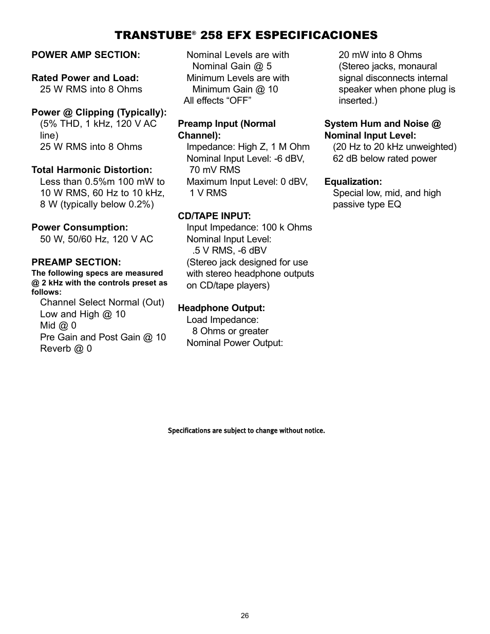 Transtube, 258 efx especificaciones | Peavey 258 EFX User Manual | Page 26 / 36