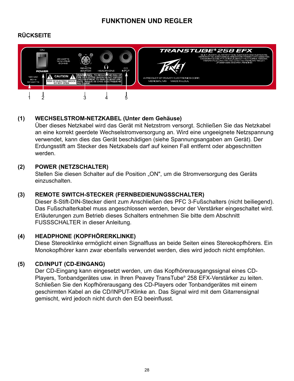 Funktionen und regler | Peavey 258 EFX User Manual | Page 28 / 36