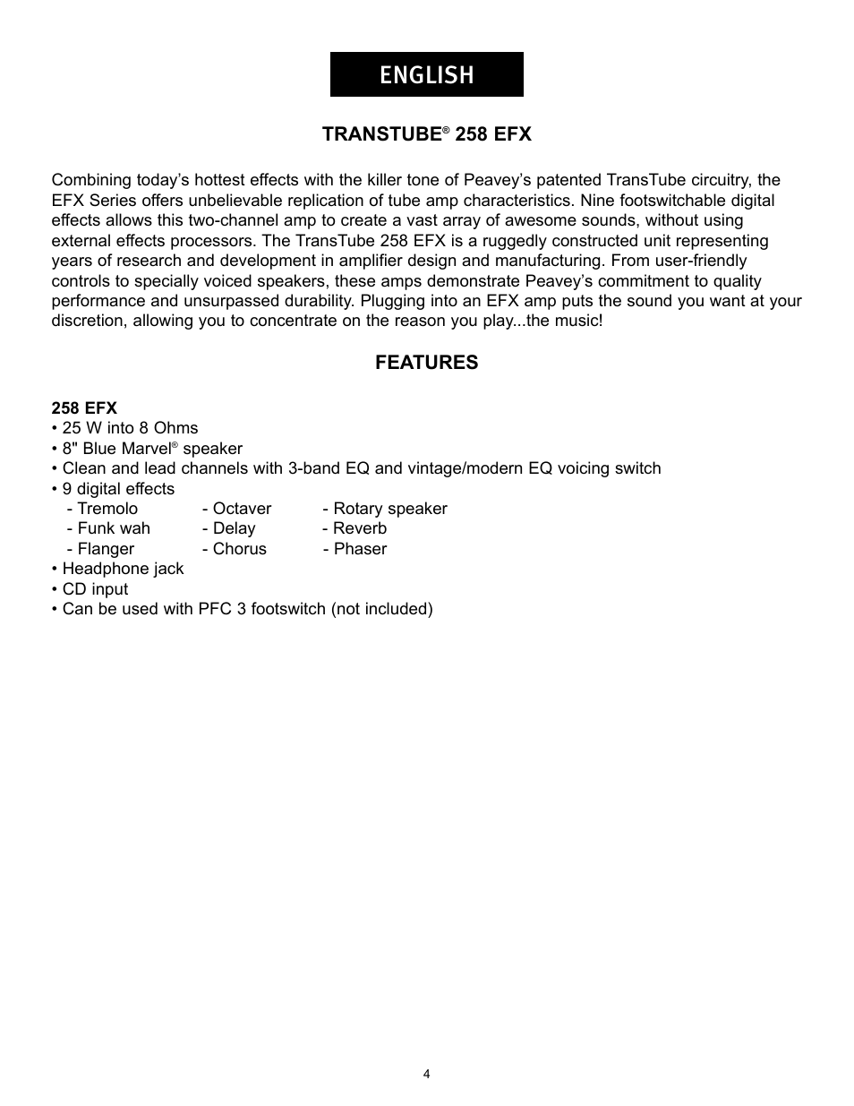 English | Peavey 258 EFX User Manual | Page 4 / 36