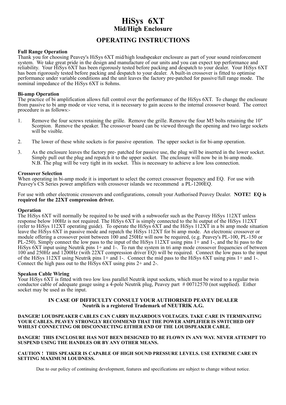 Hisys 6xt, Mid/high enclosure operating instructions | Peavey HiSys 6XT User Manual | Page 2 / 6