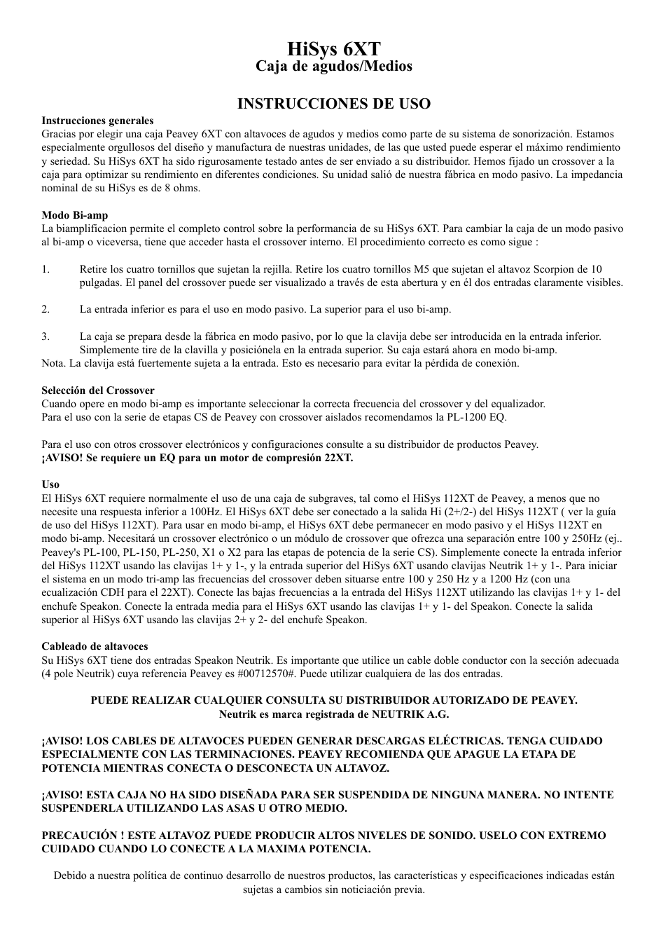 Hisys 6xt, Caja de agudos/medios instrucciones de uso | Peavey HiSys 6XT User Manual | Page 5 / 6