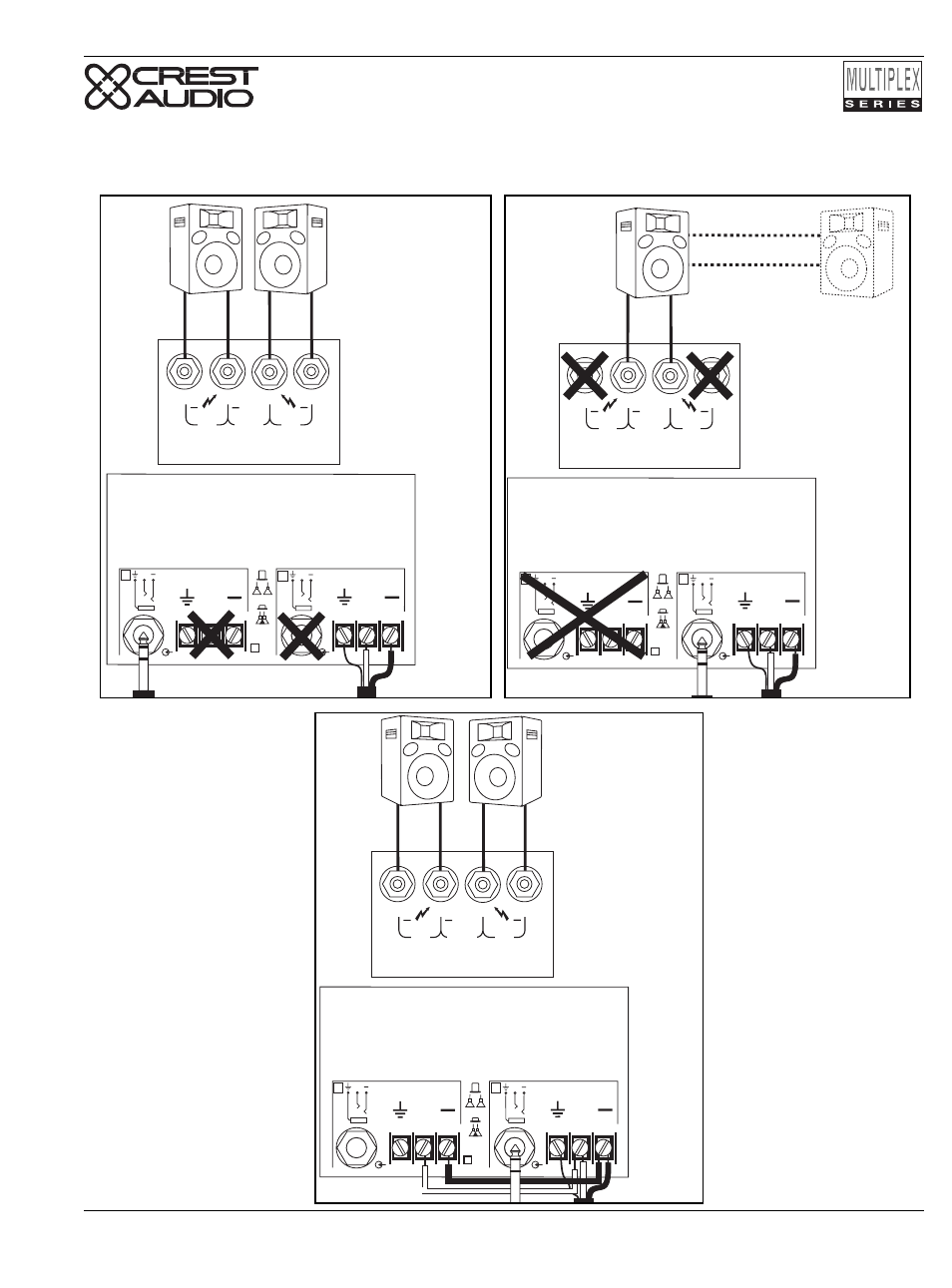 Way binding post outputs - mode connections, Stereo mode connections, Bridged mode connections | Parallel mode connections | Peavey Multiplex Series User Manual | Page 15 / 22