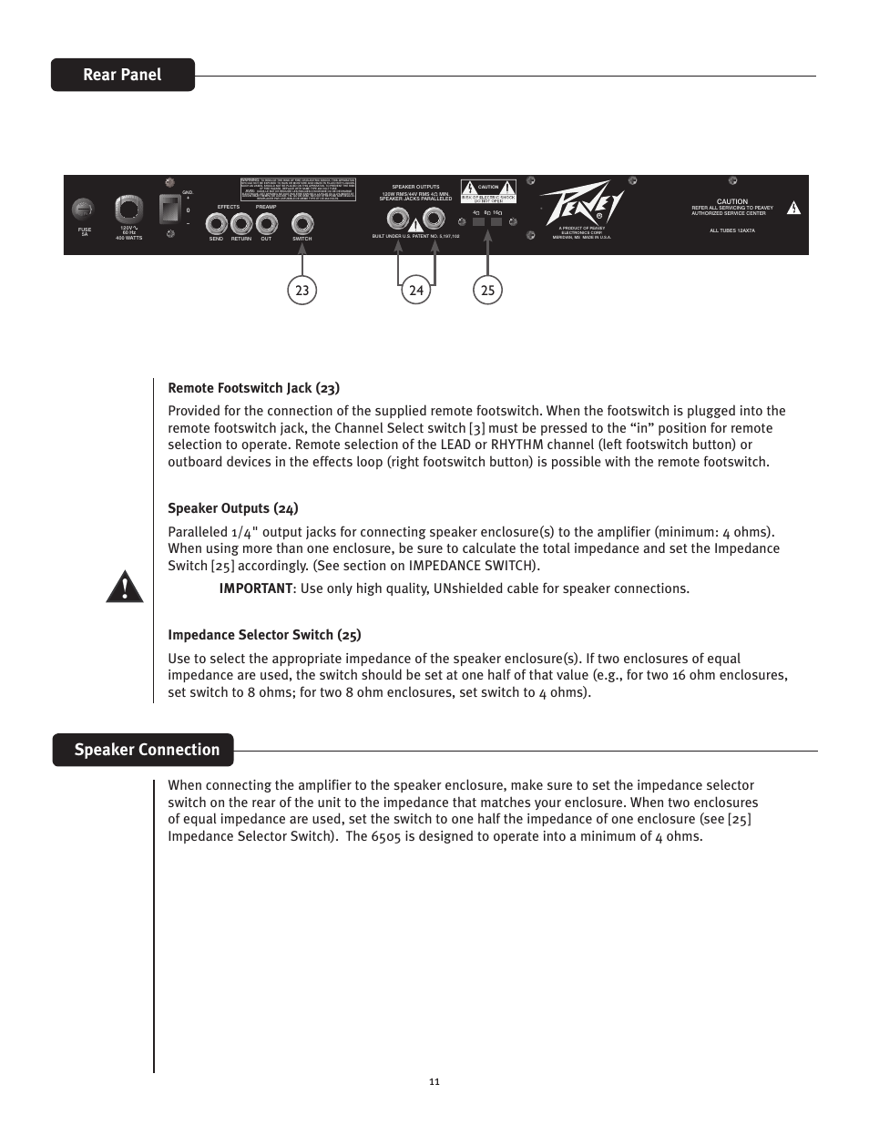 Rear panel, Speaker connection | Peavey 6505TM User Manual | Page 11 / 16