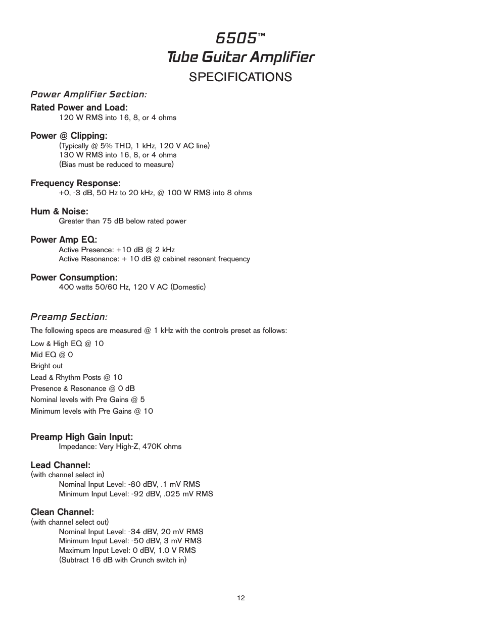 Tube guitar amplifier, Specifications | Peavey 6505TM User Manual | Page 12 / 16