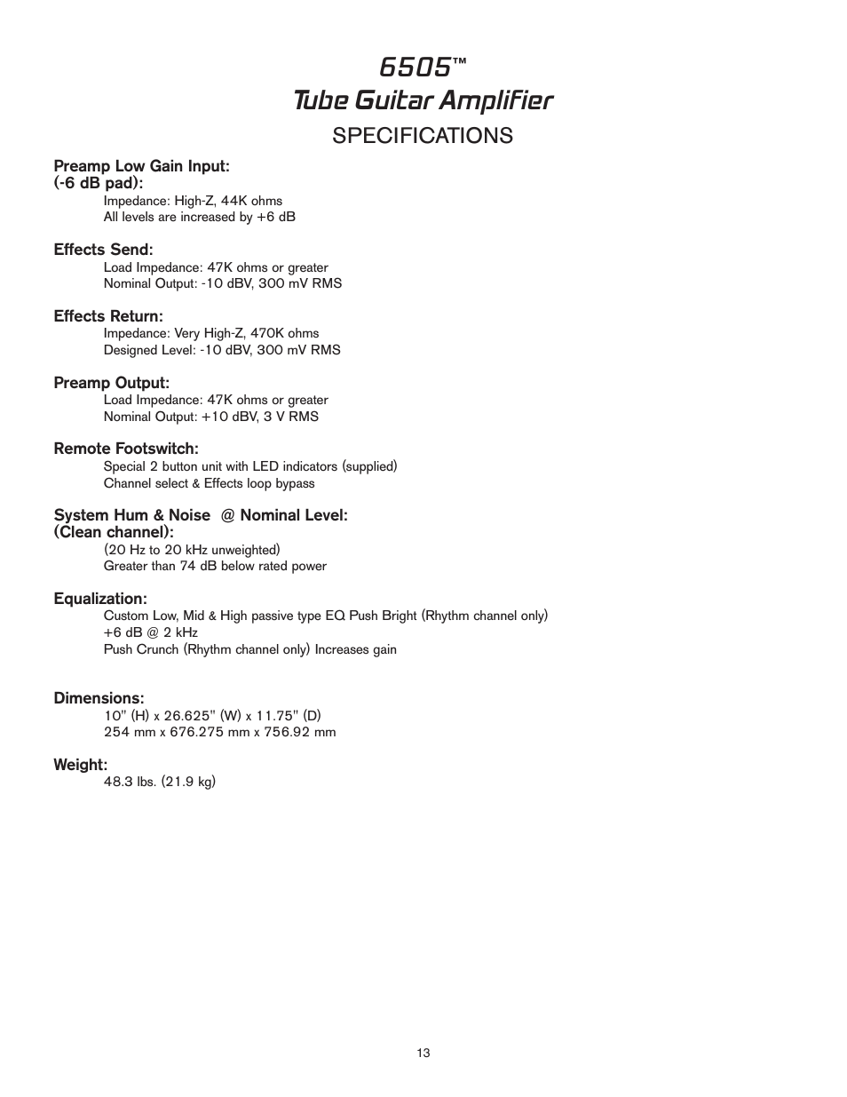 Tube guitar amplifier, Specifications | Peavey 6505TM User Manual | Page 13 / 16