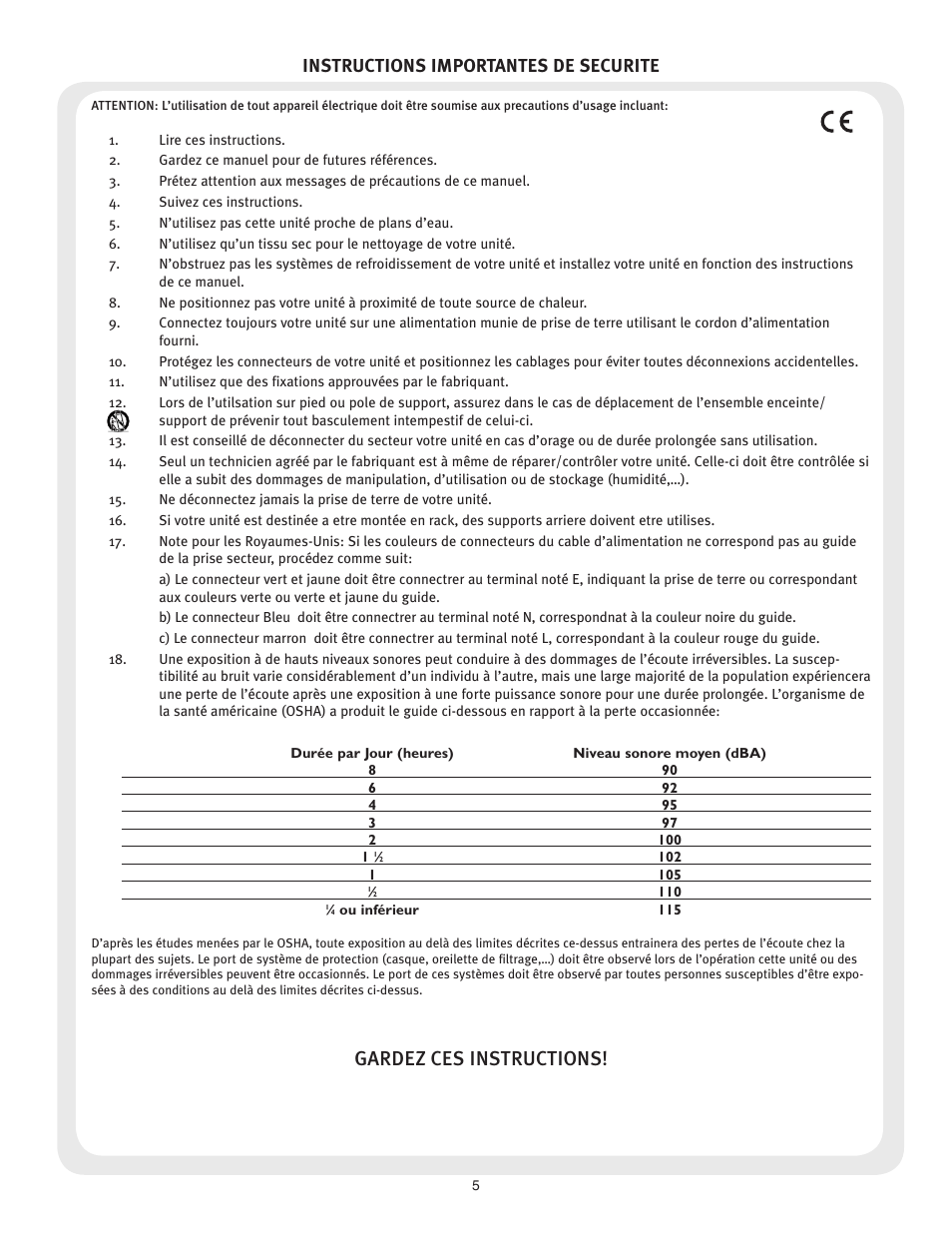 Gardez ces instructions, Instructions importantes de securite | Peavey 6505TM User Manual | Page 5 / 16