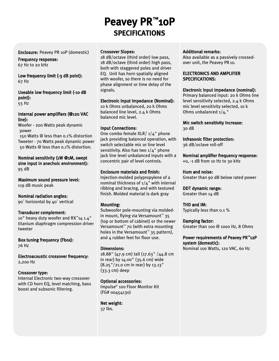 Ppe ea av ve ey y p pr r, 110 0p p, Ssp pe ec ciif fiic ca at tiio on ns s | Peavey PR 10P User Manual | Page 12 / 44