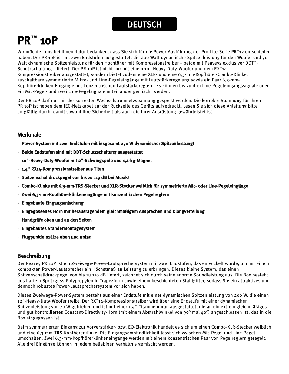 Ppr r, 110 0p p, Dde eu ut ts sc ch h | Peavey PR 10P User Manual | Page 14 / 44