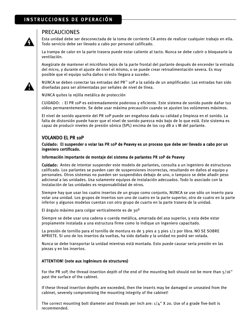Precauciones | Peavey PR 10P User Manual | Page 27 / 44