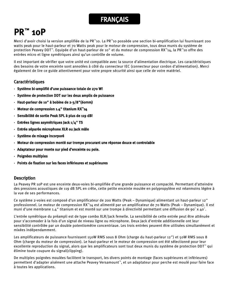 Ppr r, 110 0p p, Ffr ra an nç ça aiis s | Peavey PR 10P User Manual | Page 33 / 44