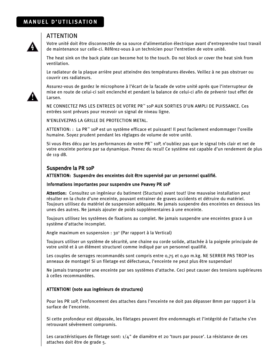 Attention | Peavey PR 10P User Manual | Page 36 / 44