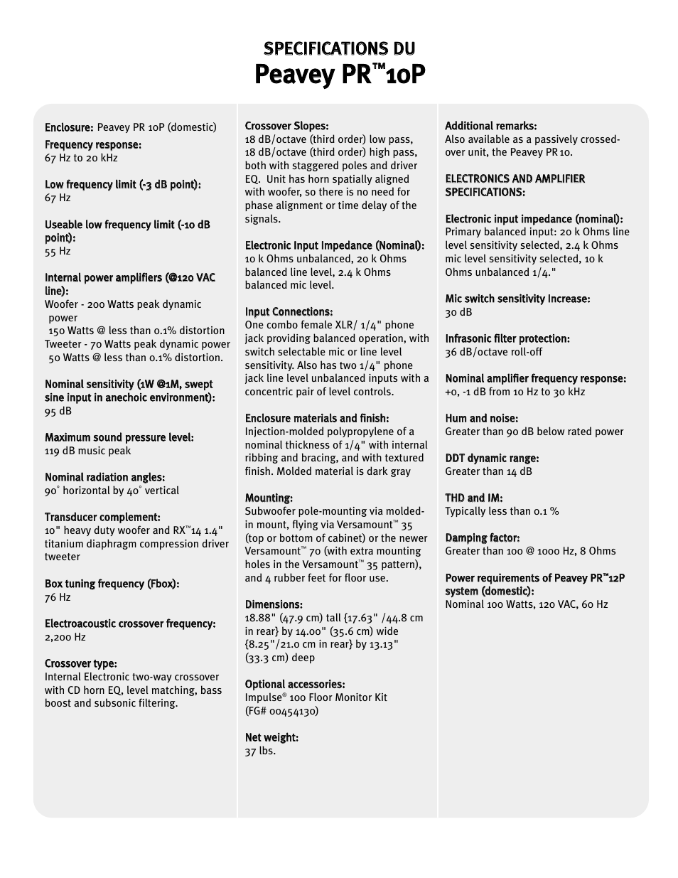 Ppe ea av ve ey y p pr r, 110 0p p, Ssp pe ec ciif fiic ca at tiio on ns s d du u | Peavey PR 10P User Manual | Page 41 / 44