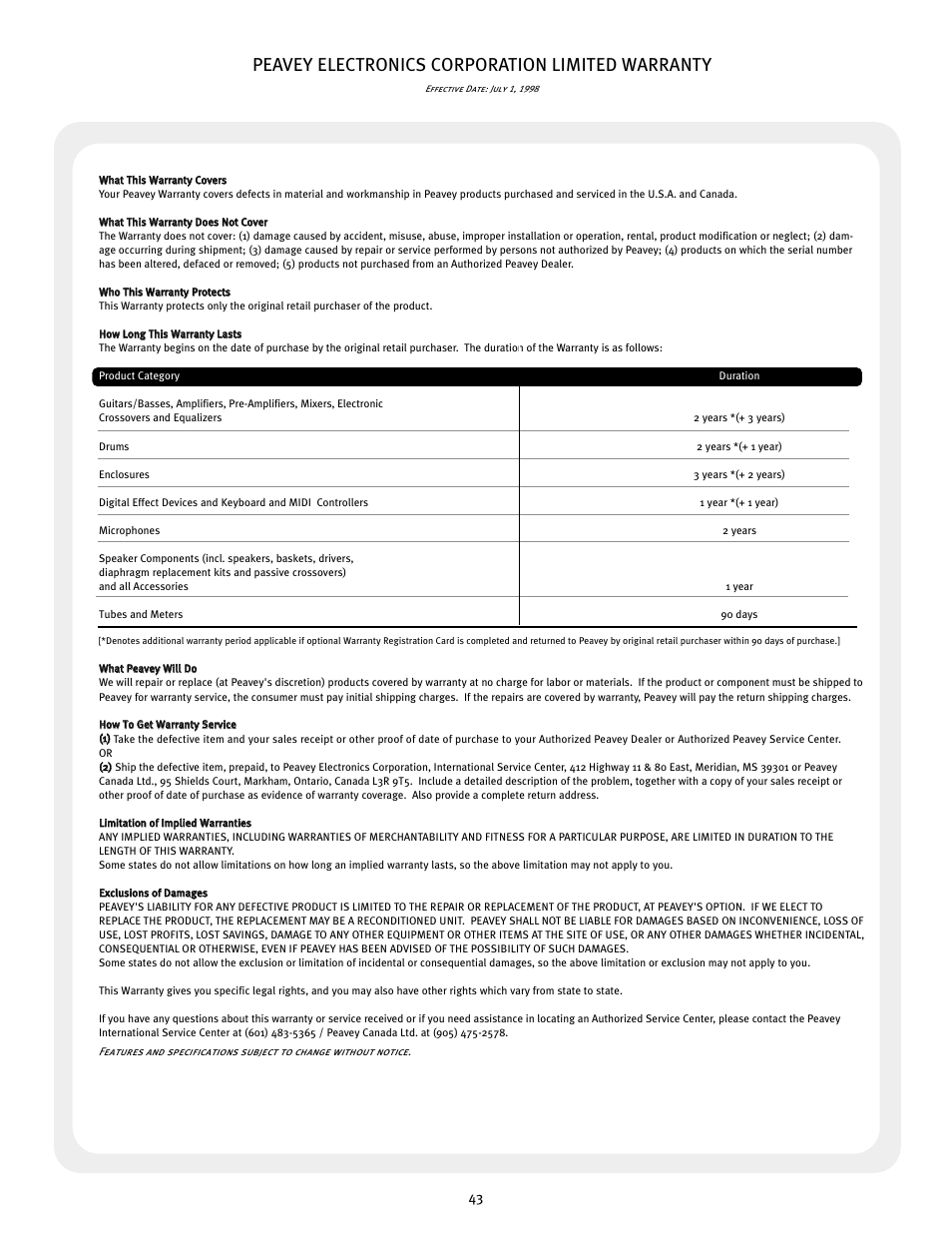 Peavey electronics corporation limited warranty | Peavey PR 10P User Manual | Page 43 / 44