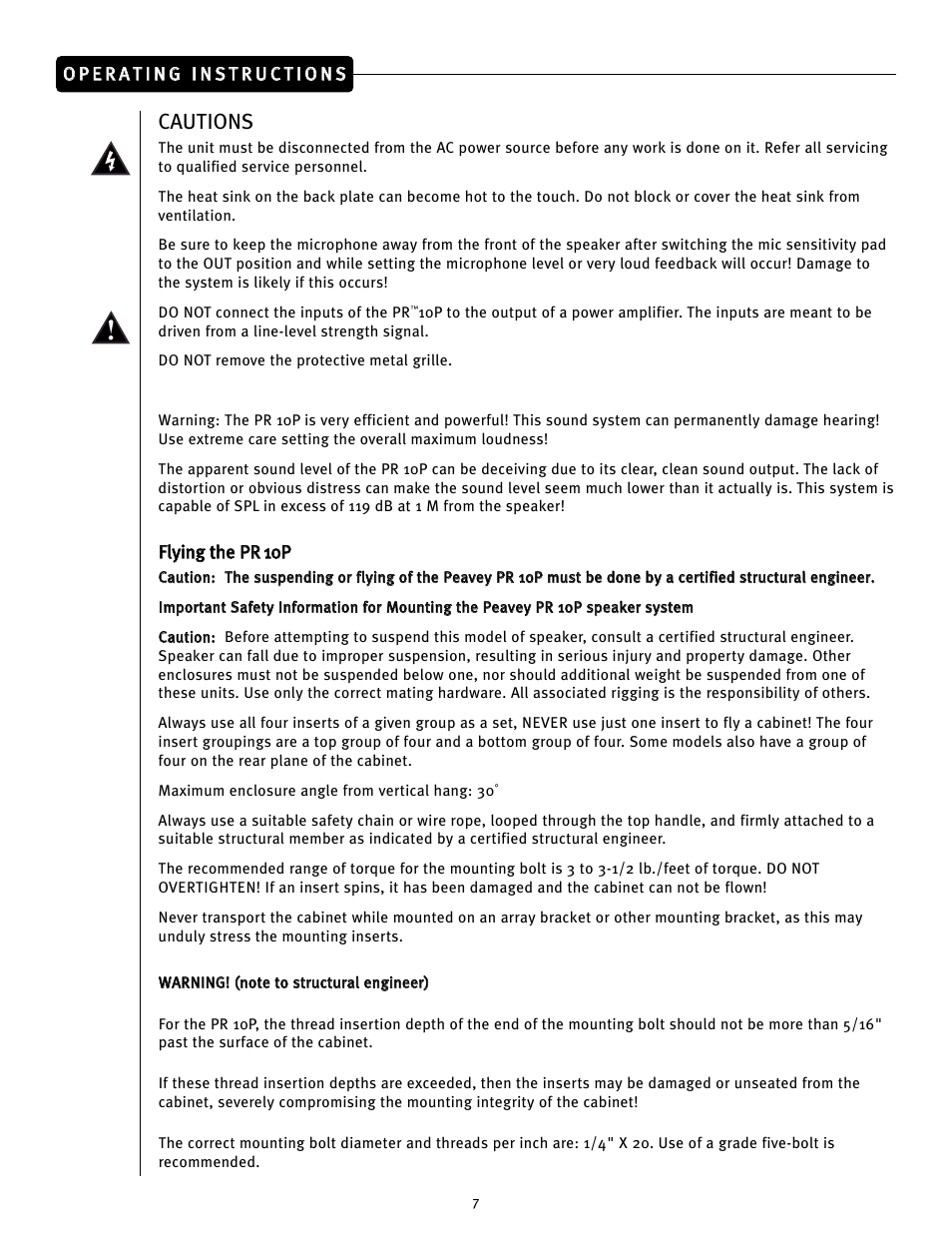 Cautions | Peavey PR 10P User Manual | Page 7 / 44