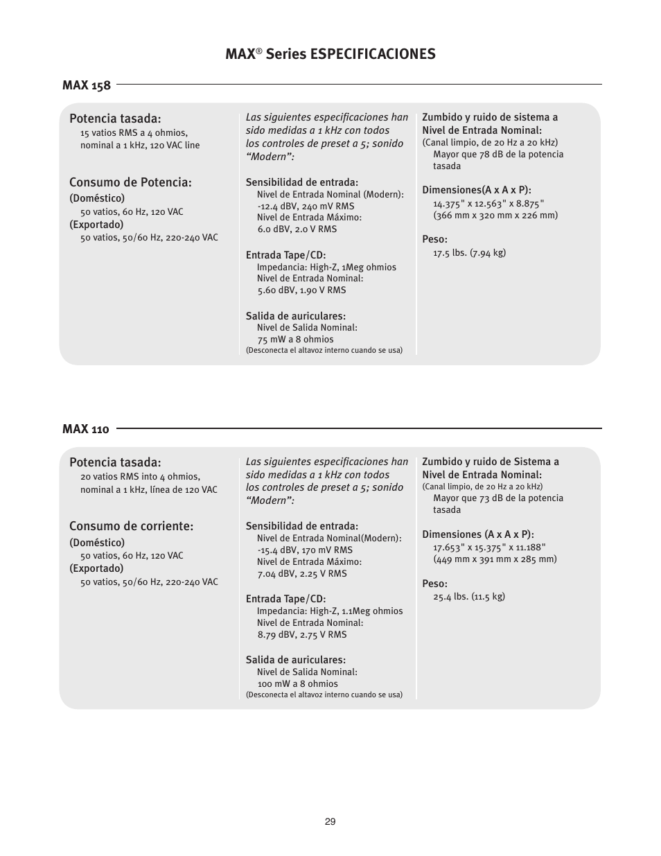 Series especificaciones | Peavey 110 User Manual | Page 29 / 32