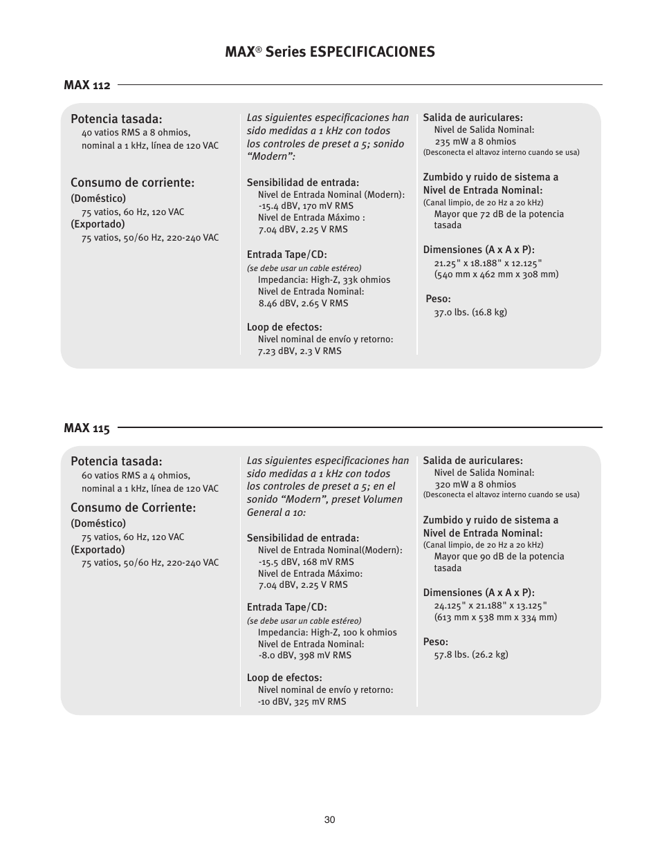 Series especificaciones | Peavey 110 User Manual | Page 30 / 32