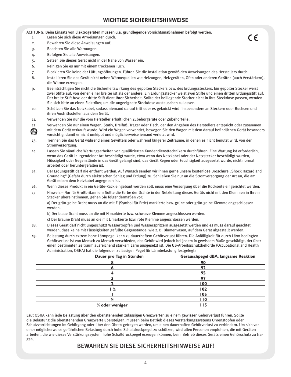 Bewahren sie diese sicherheitshinweise auf, Wichtige sicherheitshinweise | Peavey 110 User Manual | Page 4 / 32