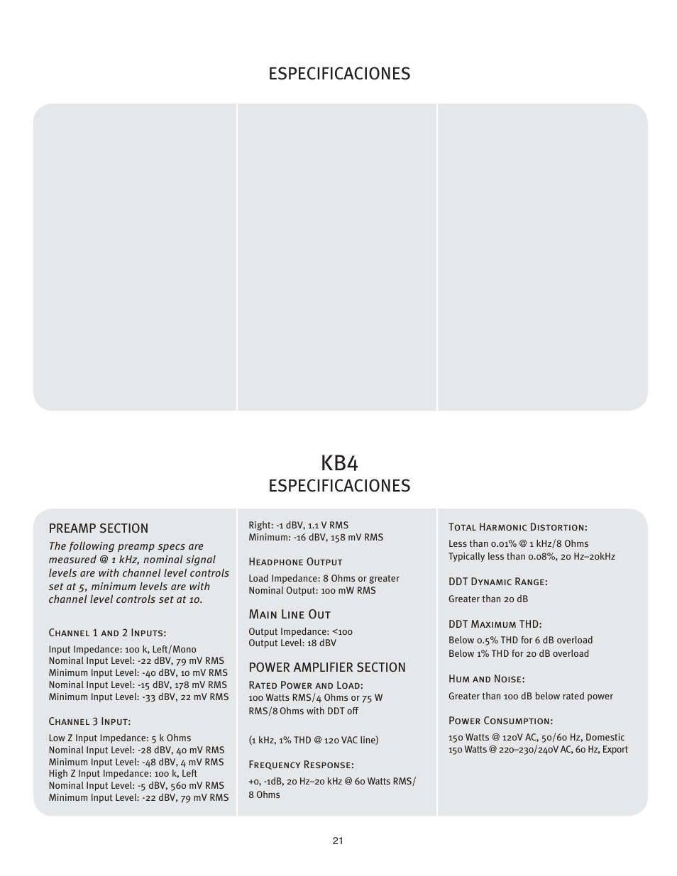 Especificaciones | Peavey KB4/KB5 User Manual | Page 21 / 28