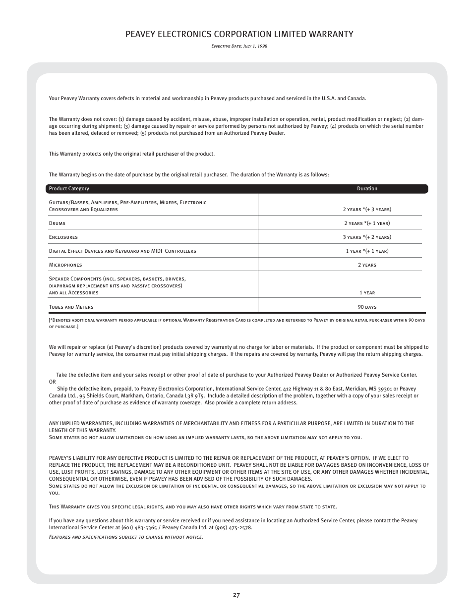 Peavey electronics corporation limited warranty | Peavey KB4/KB5 User Manual | Page 27 / 28