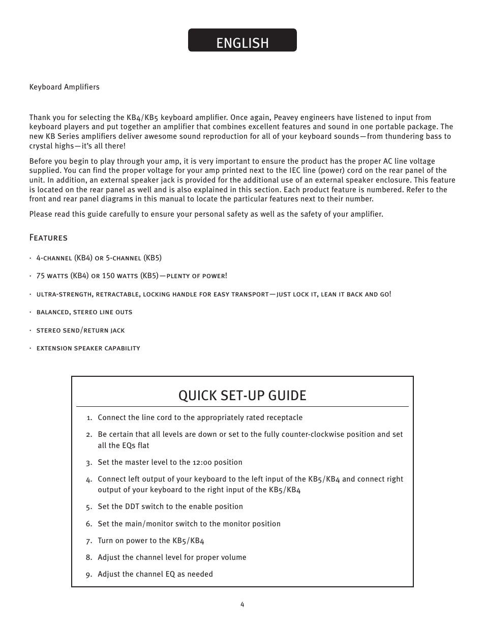 Kb4/kb5, English quick set-up guide | Peavey KB4/KB5 User Manual | Page 4 / 28