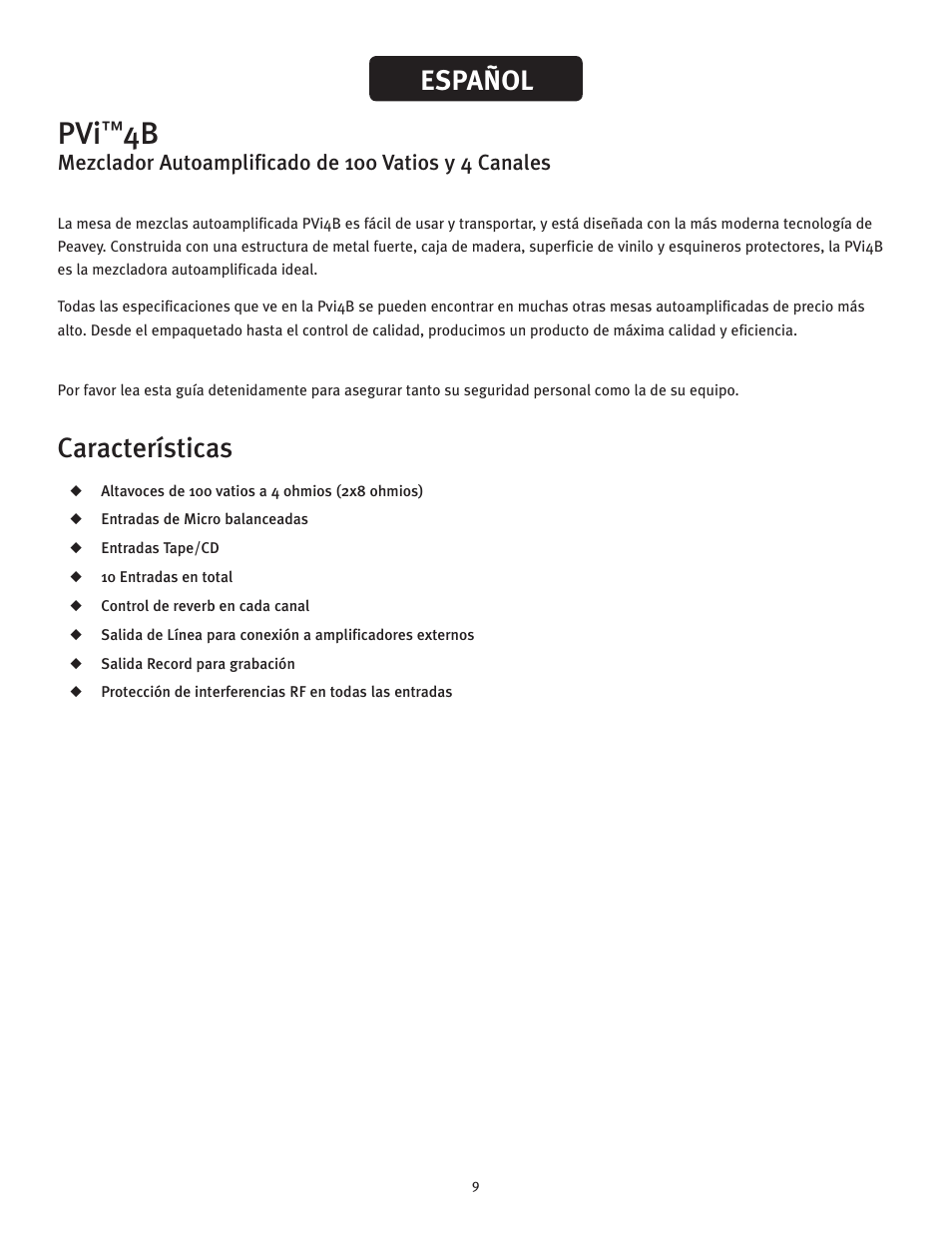 Español características | Peavey 4B User Manual | Page 9 / 16