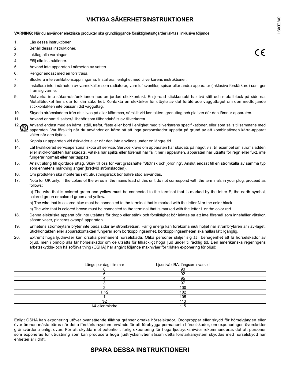 Spara dessa instruktioner, Viktiga säkerhetsinstruktioner | Peavey IMPULSE 12 D User Manual | Page 10 / 148