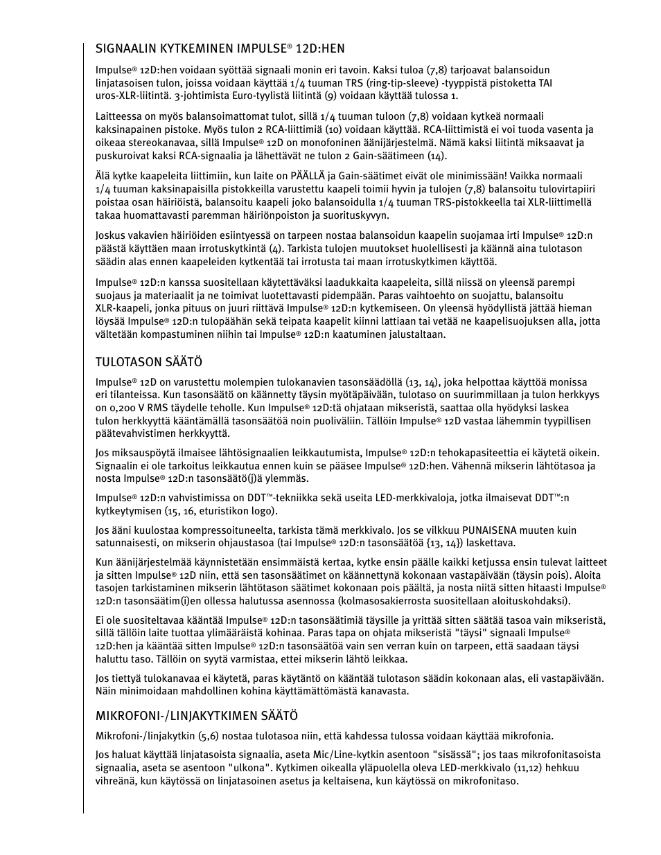 Signaalin kytkeminen impulse, 12d:hen, Tulotason säätö | Mikrofoni-/linjakytkimen säätö | Peavey IMPULSE 12 D User Manual | Page 103 / 148