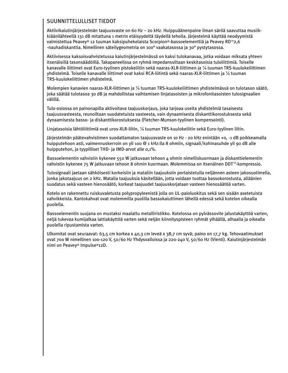 Suunnittelulliset tiedot | Peavey IMPULSE 12 D User Manual | Page 106 / 148