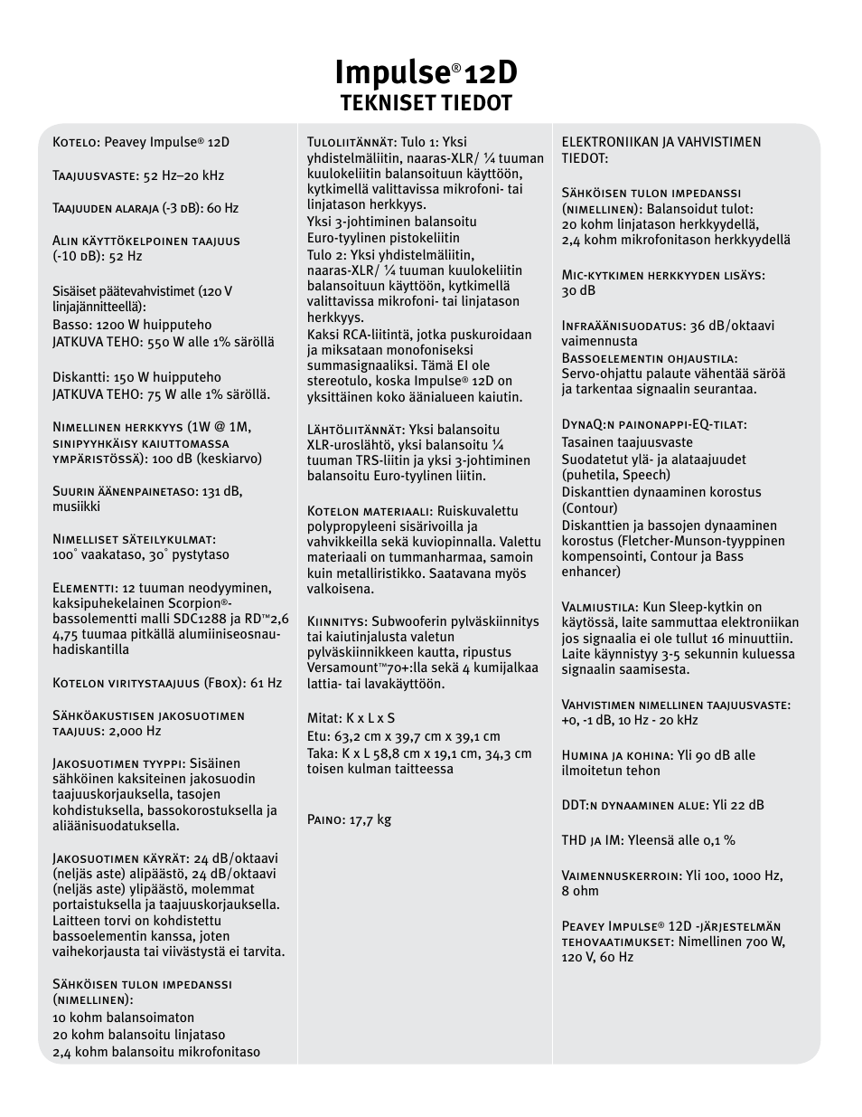 Impulse, Tekniset tiedot | Peavey IMPULSE 12 D User Manual | Page 107 / 148