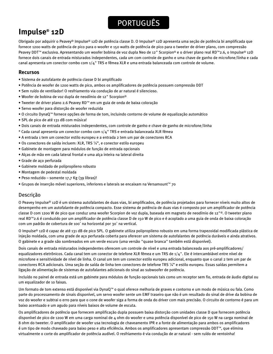 Impulse, Português, Recursos | Descrição | Peavey IMPULSE 12 D User Manual | Page 108 / 148