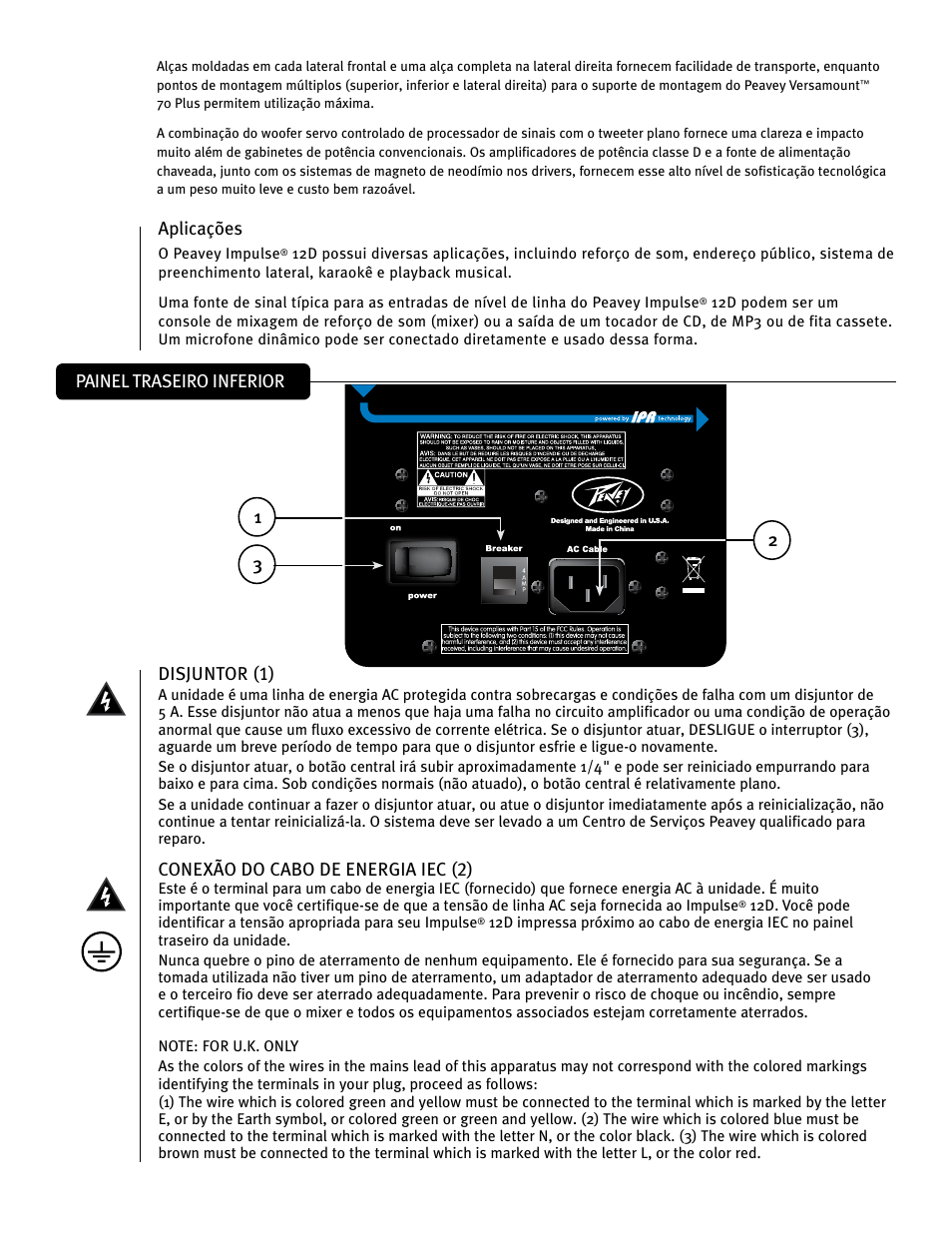 Disjuntor (1), Conexão do cabo de energia iec (2), Aplicações | Painel traseiro inferior | Peavey IMPULSE 12 D User Manual | Page 109 / 148