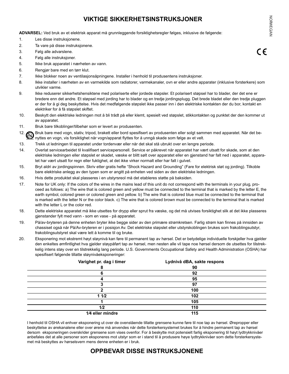 Viktige sikkerhetsinstruksjoner, Oppbevar disse instruksjonene | Peavey IMPULSE 12 D User Manual | Page 11 / 148