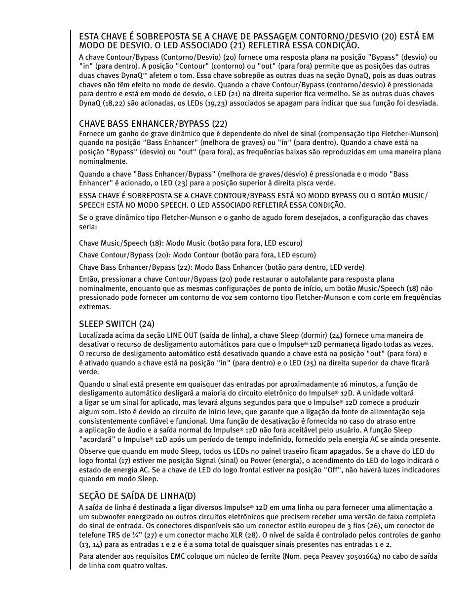 Chave bass enhancer/bypass (22), Sleep switch (24), Seção de saída de linha(d) | Peavey IMPULSE 12 D User Manual | Page 112 / 148