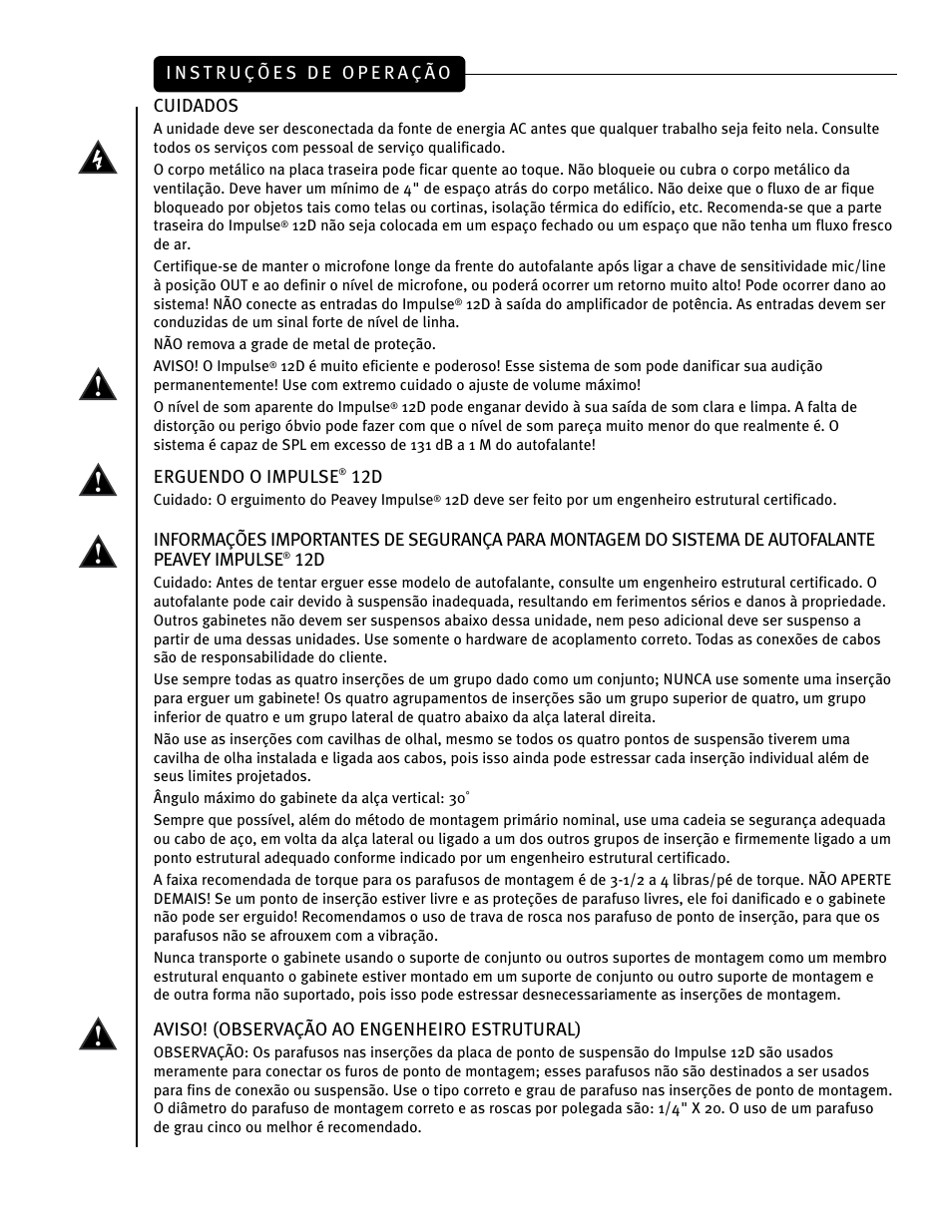 Cuidados, Erguendo o impulse, Aviso! (observação ao engenheiro estrutural) | Peavey IMPULSE 12 D User Manual | Page 113 / 148