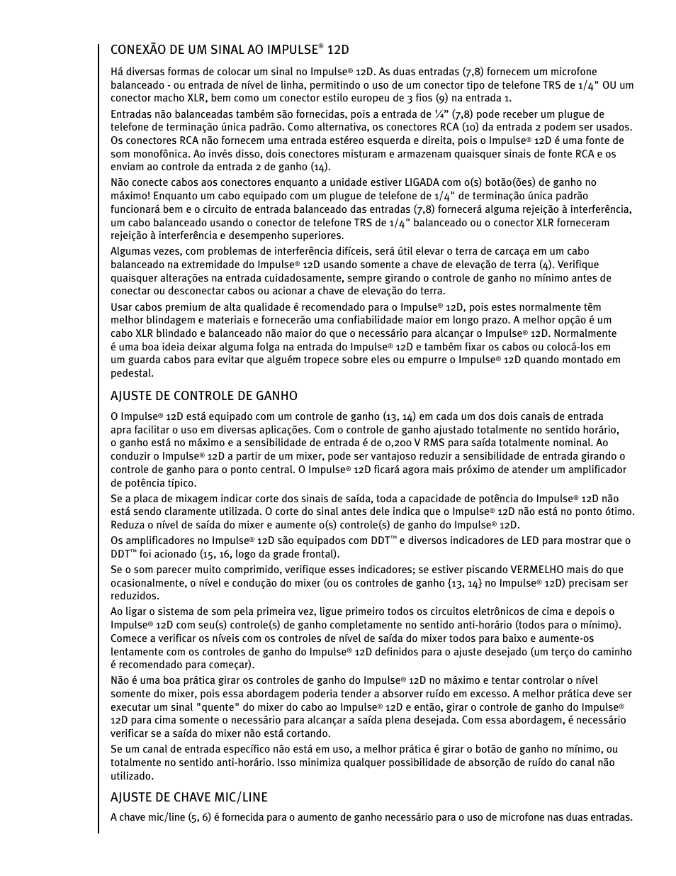 Conexão de um sinal ao impulse, Ajuste de controle de ganho, Ajuste de chave mic/line | Peavey IMPULSE 12 D User Manual | Page 115 / 148