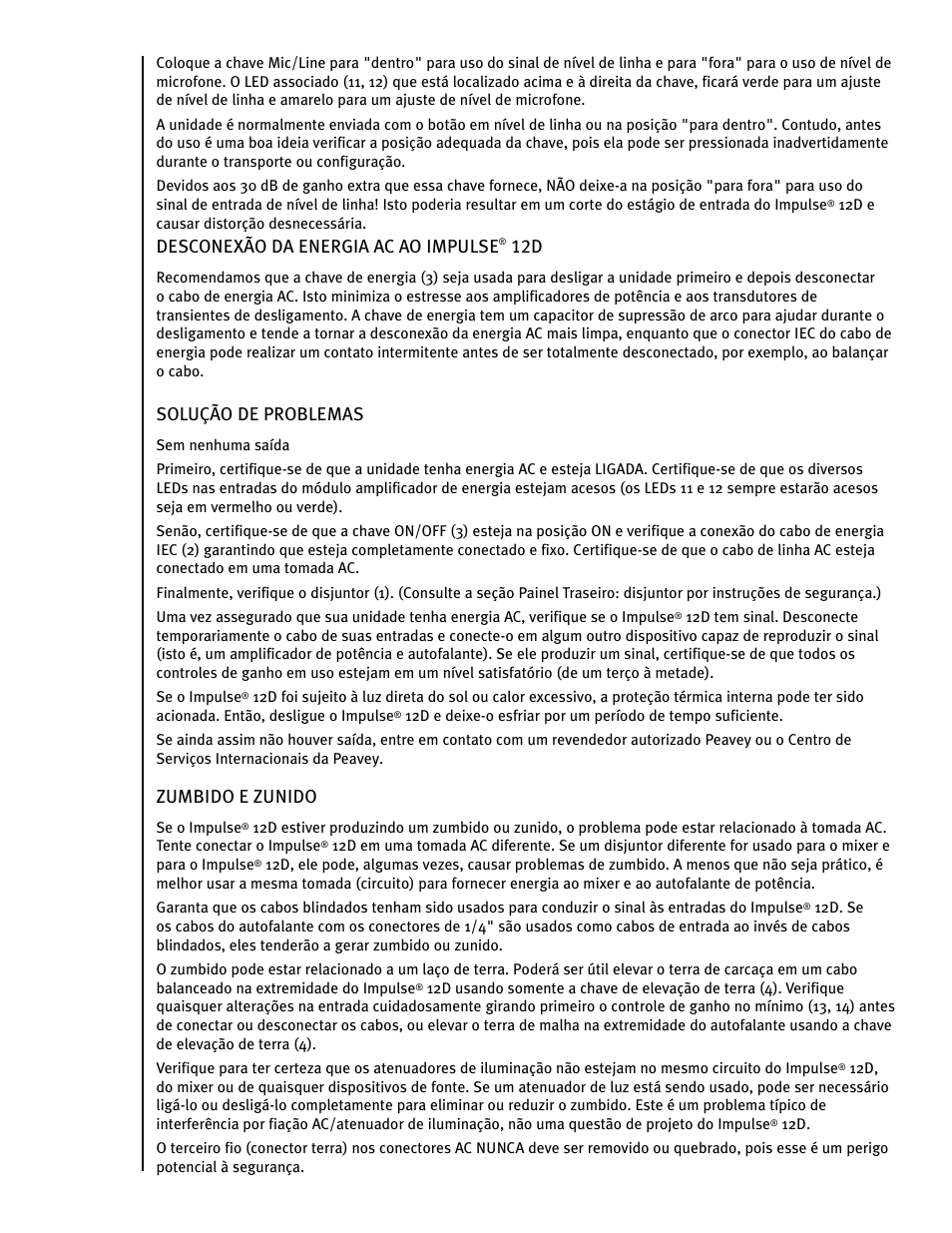 Desconexão da energia ac ao impulse, Solução de problemas, Zumbido e zunido | Peavey IMPULSE 12 D User Manual | Page 116 / 148
