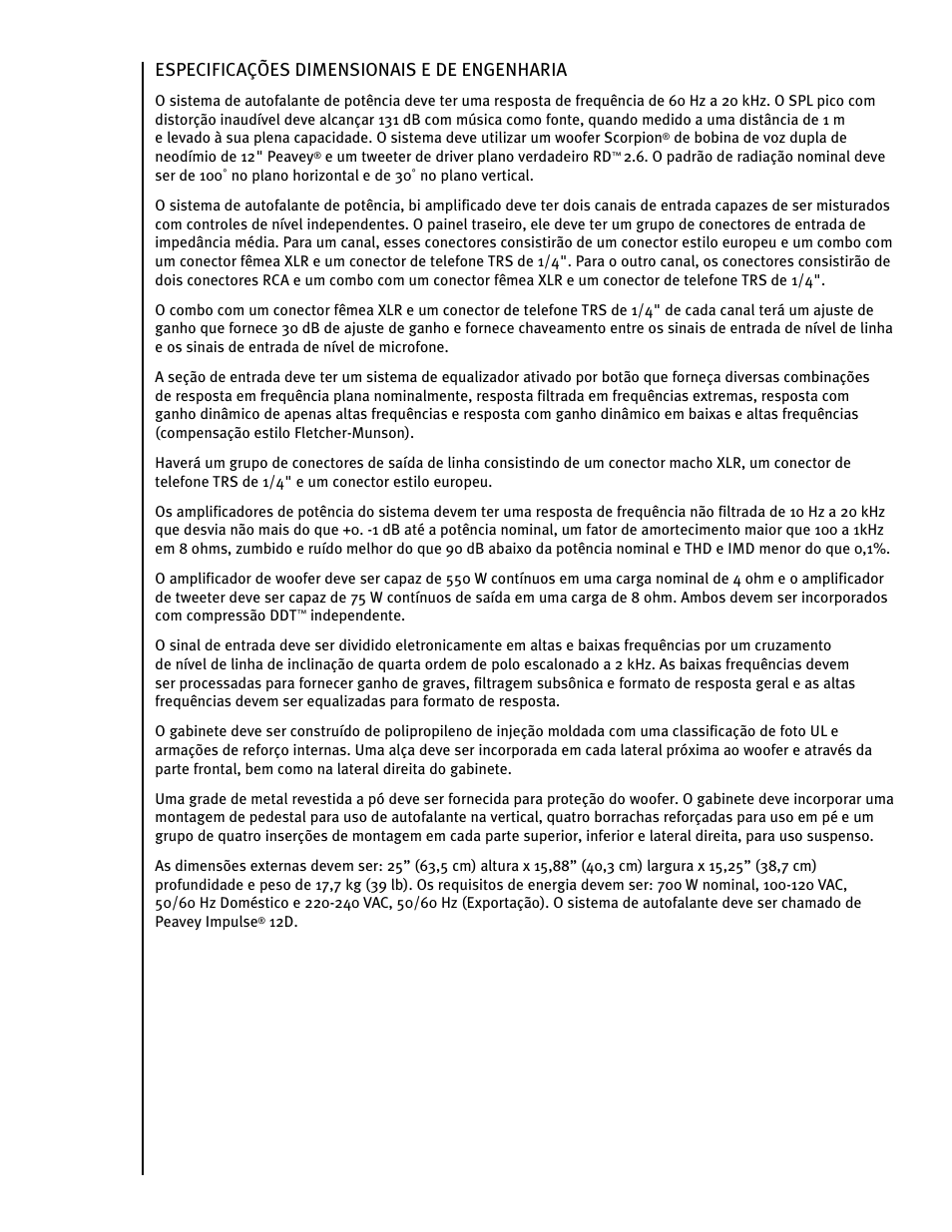 Especificações dimensionais e de engenharia | Peavey IMPULSE 12 D User Manual | Page 118 / 148