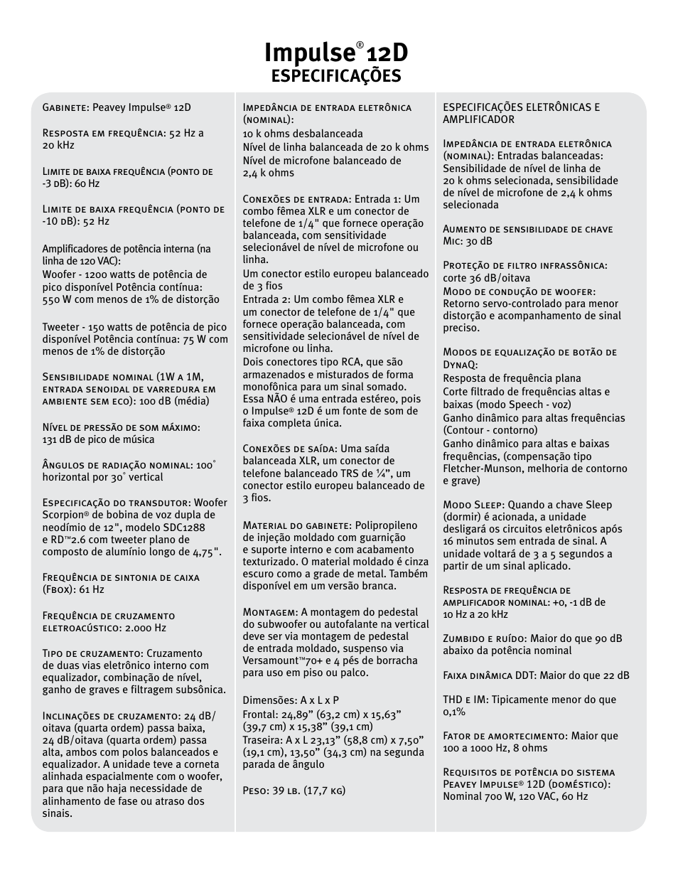 Impulse, Especificações | Peavey IMPULSE 12 D User Manual | Page 119 / 148