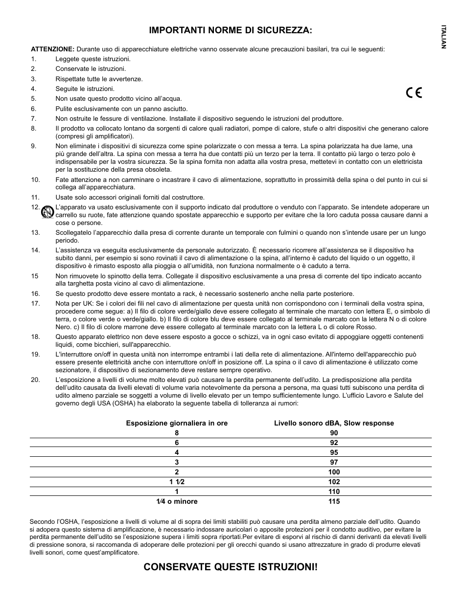 Conservate queste istruzioni, Importanti norme di sicurezza | Peavey IMPULSE 12 D User Manual | Page 13 / 148