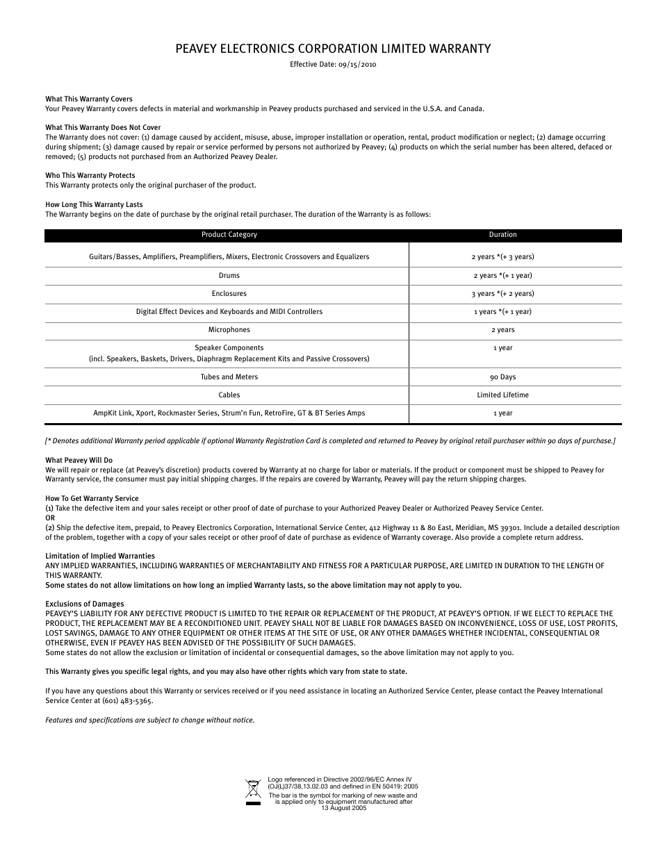 Peavey electronics corporation limited warranty | Peavey IMPULSE 12 D User Manual | Page 146 / 148
