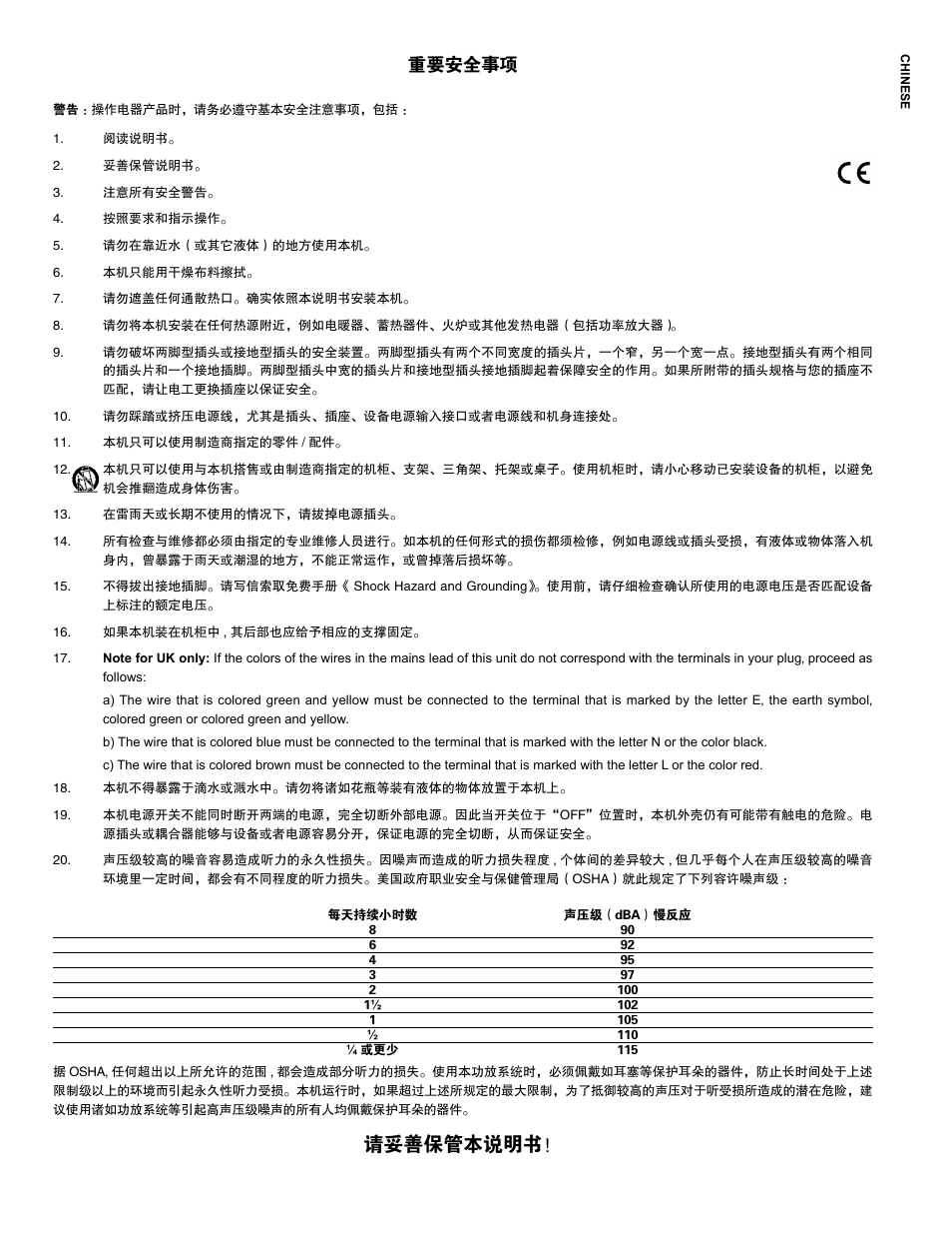 请妥善保管本说明书, 重要安全事项 | Peavey IMPULSE 12 D User Manual | Page 16 / 148