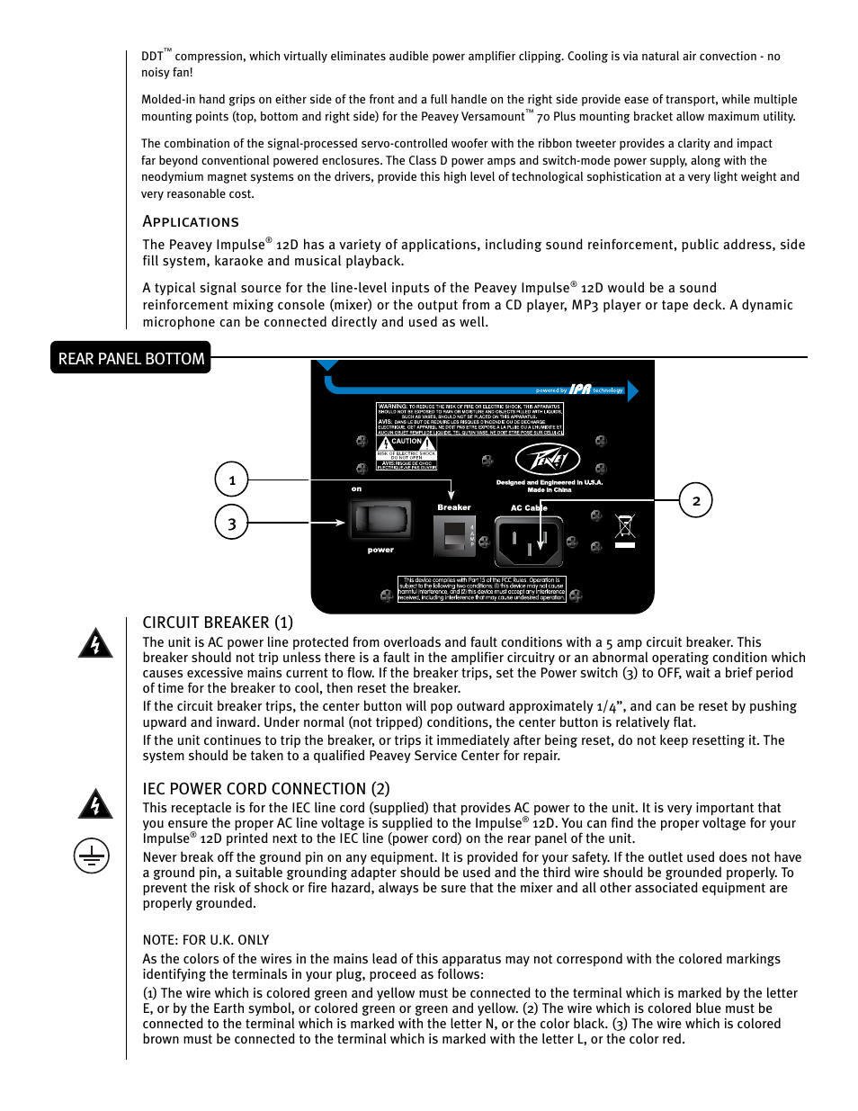 Circuit breaker (1), Iec power cord connection (2), Applications | Rear panel bottom | Peavey IMPULSE 12 D User Manual | Page 22 / 148