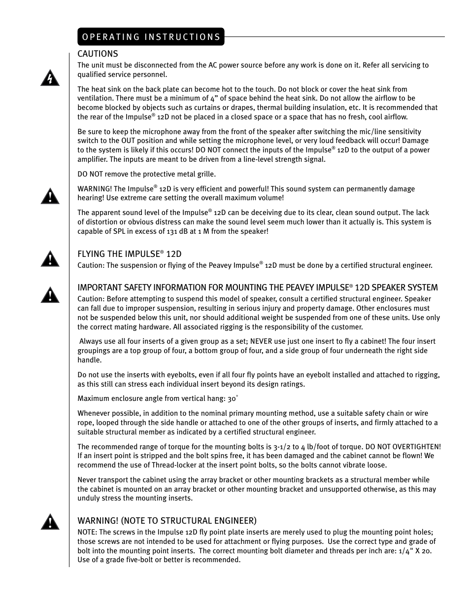 Cautions, Flying the impulse, 12d speaker system | Peavey IMPULSE 12 D User Manual | Page 26 / 148