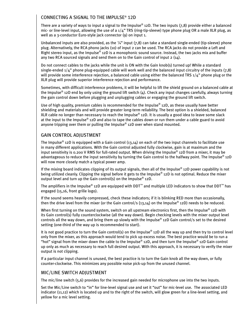 Connecting a signal to the impulse, Gain control adjustment, Mic/line switch adjustment | Peavey IMPULSE 12 D User Manual | Page 28 / 148