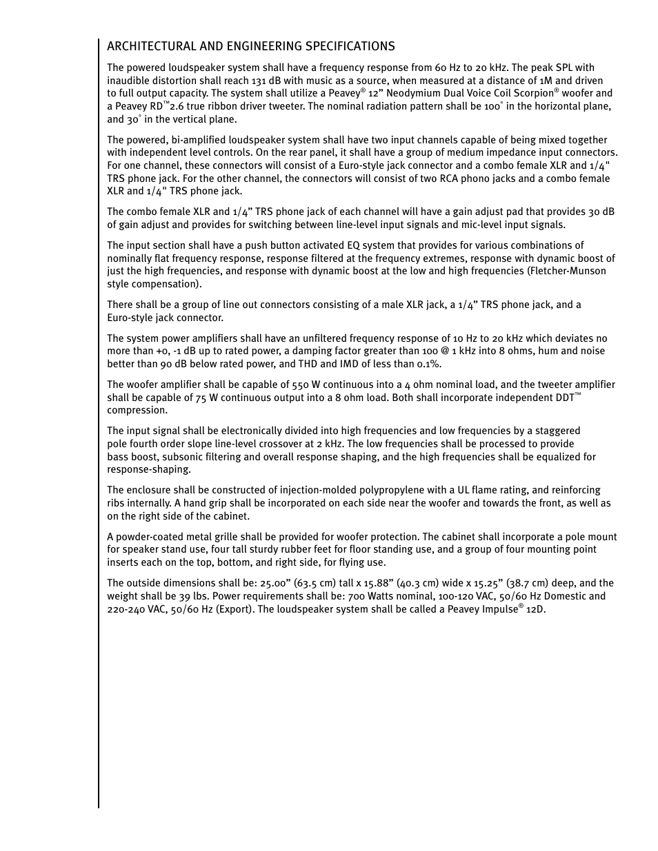 Architectural and engineering specifications | Peavey IMPULSE 12 D User Manual | Page 31 / 148