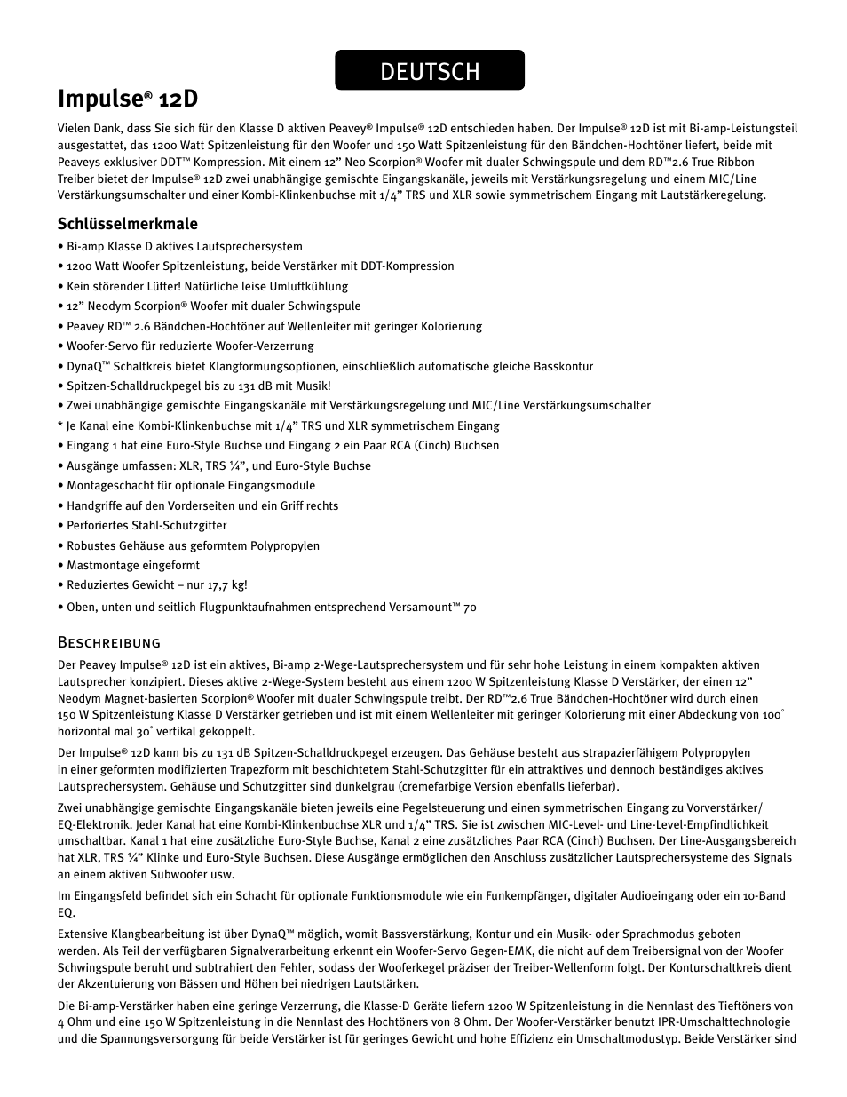 Impulse, Deutsch, Schlüsselmerkmale | Beschreibung | Peavey IMPULSE 12 D User Manual | Page 35 / 148