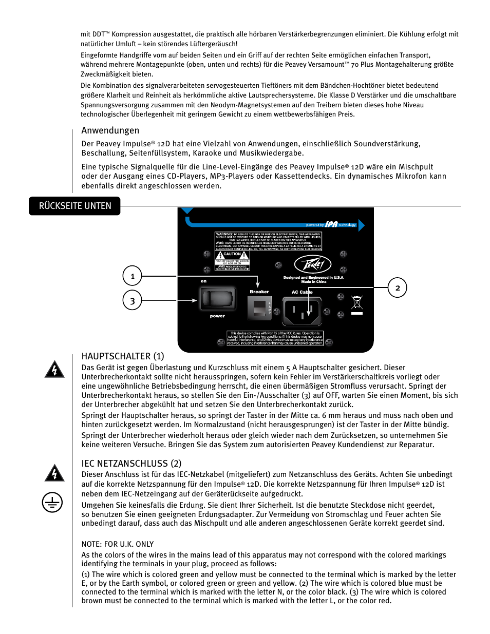 Hauptschalter (1), Iec netzanschluss (2), Anwendungen | Rückseite unten | Peavey IMPULSE 12 D User Manual | Page 36 / 148