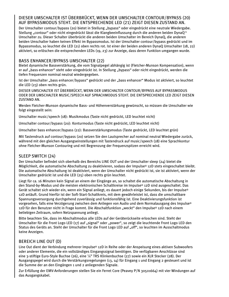 Bass enhancer/bypass umschalter (22), Sleep switch (24), Bereich line out (d) | Peavey IMPULSE 12 D User Manual | Page 39 / 148