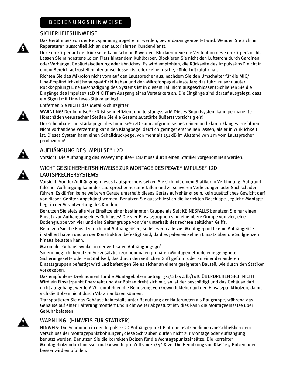 Sicherheitshinweise, Aufhängung des impulse, 12d lautsprechersystems | Warnung! (hinweis für statiker) | Peavey IMPULSE 12 D User Manual | Page 40 / 148