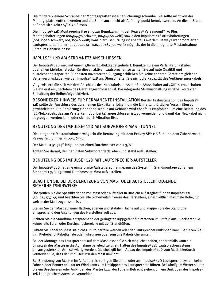 Impulse, 12d am stromnetz anschliessen, Besonderer hinweis für permanente installation | Benutzung des impulse, 12d mit subwoofer-mast-tunnel, 12d mit lautsprecher-aufsteller | Peavey IMPULSE 12 D User Manual | Page 41 / 148